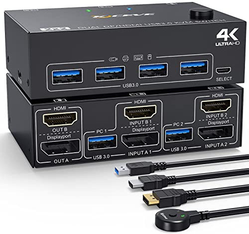 KVM Switch 2 PC 2 Monitore 4K@60Hz 2K@120Hz, ESKEVE Displayport + HDMI Dual Monitore KVM Switch für 2 PCs, die sich 2 Monitore und 4 USB 3.0 Geräte teilen, mit einem HDMI+DP+USB Kabel und Kabelfernbed