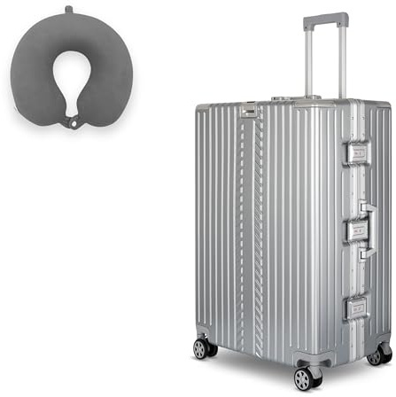 WINLIFE Größe XL Reisekoffer Alu-Rahmen mit ABS + Anthrazit Nackenkissen & TSA Nummern-Schloss 75cm Hartschalenkoffer | große Koffer Farbe-Silber