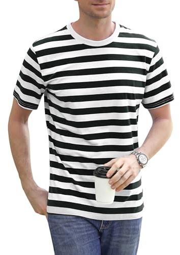 Sykooria Round Neck Pinstripe Striped T-Shirt for Black&White Thin Stripes Casual Short Sleeve Tops for Men, Black/White Thin Stripes M
