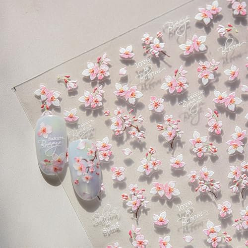 JMEOWIO 3D Embossed White Pink Flower Nail Art Stickers Decals Self-Adhesive 5D Nail Supplies Nail Art Design Decoration Accessories 1 Sheets