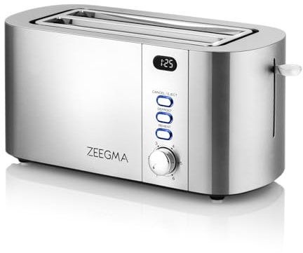 ZEEGMA TOSTEE CHEF Grille-Pain 4 Tranches en Acier Inoxydable, Rangement Pain 1500 W, Décongélation, Réchauffage et Arrêt, Tiroir Ramasse-Miettes, Affichage LED du Minuteur, 6 Niveaux