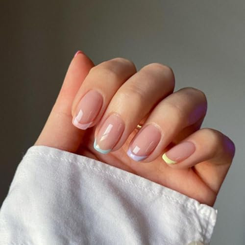 SXVME Colorful French Tip Press on Nails Short Square, Natural Nude False Nails with Rainbow French Tips Designs, Glossy Gel Finish Coffin Acrylic Nails Press ons for Women Daily Wear 24 Pcs