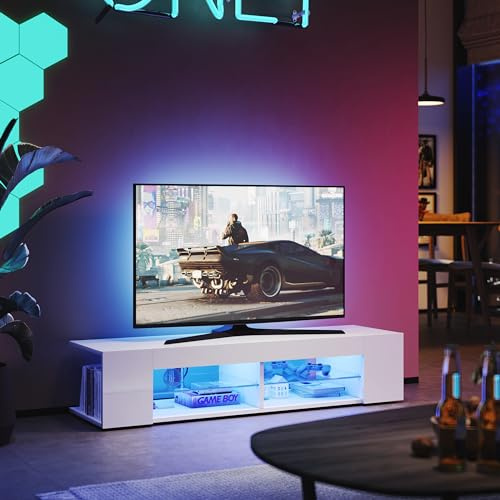 SUNXURY TV Board mit LED Beleuchtung Fernsehtisch Weiß Hochglanz Schrank TV-Ständer mit Glasregale Präsentation und Aufbewahrung B135 x T39 x H30 cm
