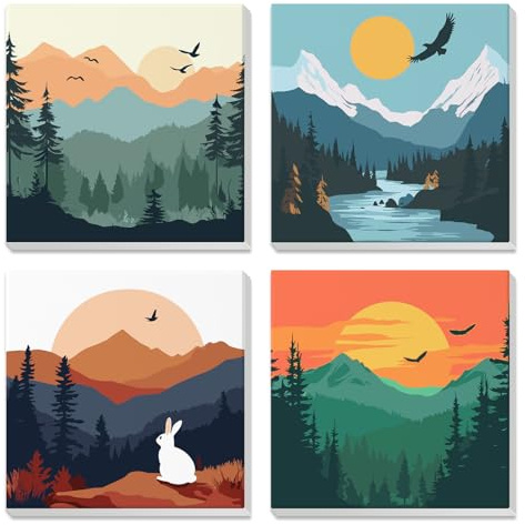 4 Pièces Peinture par Numéros Adulte, Paysages naturels, coucher de soleil, Peinture par Numero enfant avec Cadre, montagneux, Kits de Peinture au Numéro Enfant 7 8 9 10 Ans, Décoration Salon 20x20cm