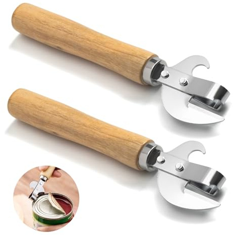 2 Pcs Stainless Steel Manual Cut Can Opener with Wooden Handles | Ergonomic Side-Cut Kitchen Tools For Home, Camping, Picnics And Parties