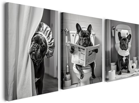Alptiny 3er Set Wandbild mit Rahmen 30×40 cm – Lustige Schwarzweiß Französische Bulldogge Motive für Wohnzimmer Schlafzimmer Küche Büro Bad – Wanddeko mit Rahmen, inkl. Haken, Nägel & Magischem Klett