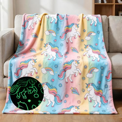 LXTOPN Glow In The Dark Einhorn Decken, Regenbogen Kinderdecke Mädchen Geschenke für für Kinder 1 2 3 4 5 6 7 8 9 10 11 12