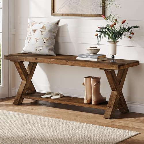 TRIBEWOOD Massivholzbank 110 cm, Flurbank mit Stauraumregal, X-Bein-Design, Sitzbank, Schuhbank aus Holz für Flur, Küche, Schlafzimmer, Wohnzimmer, Braun