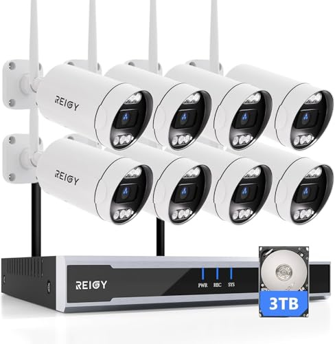 REIGY 5MP Kit Videosorveglianza Wifi con 8 Telecamere e Disco Rigido da 3TB | Sistema Telecamera Sorveglianza Esterno/Interno, 16CH NVR+ 8* 1920P Camera Outdoor, Impermeabile, Audio Bidirezionale