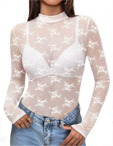 Zeagoo Women's Mesh Tops Long Sleeve T Shirts Transparent Top Mock Neck | See Through Tops Sexy Lace Top Slim Fitted Sheer Shirt Party Festival Clubwear XS-XXL