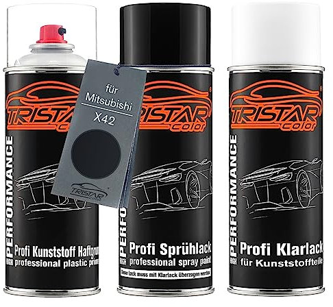 TRISTARcolor Autolack Spraydosen Set für Kunststoff Stoßstange für Mitsubishi X42 Pantherschwarz Perl Haftgrund Basislack Klarlack mit Weichmacher Sprühdose