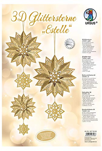 Ursus 33770000 - Glitterstern 3D Estelle, Gold, Material für 3 Sterne, in verschiedenen Größen, inklusive Sternen Accessoires und Bastelanleitung, ideal für die weihnachtliche Bastelzeit