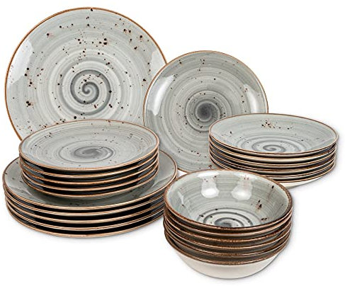 Geschirrset 24-teilig aus Porzellan für 6 Personen | Tiefe Suppenteller, Flache Essteller, Dessertteller und Schüsseln | Hochwertiges modernes buntes Vintage Tafelservice Kombiservice | Grau