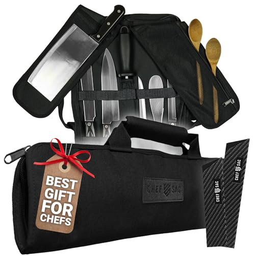 Chef Knife Roll Bag Travel Case | 8 Pockets for Knives & Tools | 2 Flaps with Cleaver & Mesh Pocket | Honing Rod Slot | Chef Knife Case for Professional & Students | Knives Not Included (Black)