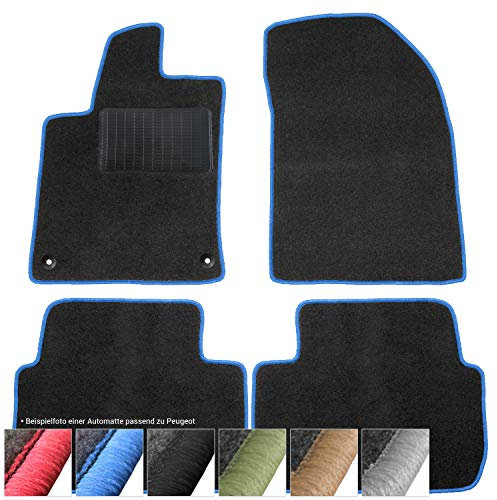 moto-MOLTICO Fußmatten Auto - Velours Autoteppiche passend für Peugeot 308 I (2007-2012) - 4-teiliges Set - Schwarze Automatten mit Blauen Ziernähten