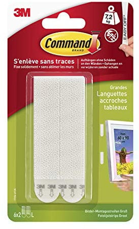 Command Languettes Accroches Tableaux Grand Modèle, 6 x 2 Languettes, Blanc - Fixation sans Dommage