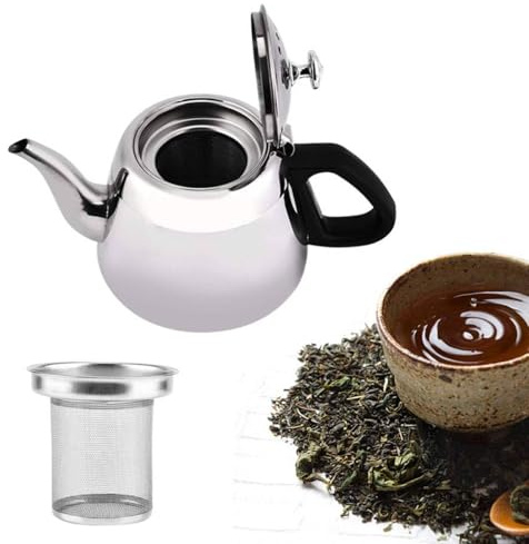 Stainless Steel Tea Pot, Metal Tea Steeper Pot Coffee Water Kettle Easy Pour Silver Tea Pot Coffee Servers Steeping Teapot Tea Maker with Infuser for Loose Tea Coffe(2L)