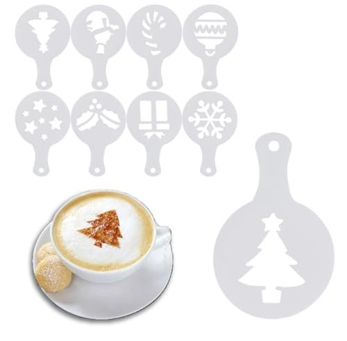 8PCS Weihnachten Kaffee Dekoration Schablonenset: Kuchendekoschablonen Set Kuchen Blumenspray Schablonen für DIY Zuckerpulver Sieb Gebäck Spray Backwerkzeuge