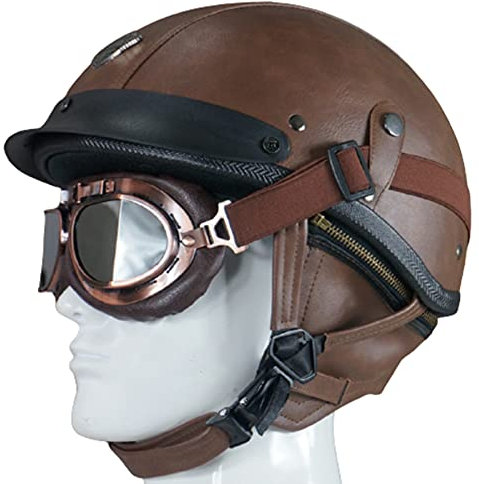 Retro Leather Motorcycle Half Helmet for Men and Women, Vintage Pilot Style Adult Open-Face Helmet for Bike, Cruiser, Chopper, Moped, Scooter, Motorbike - DOT Certified Brown