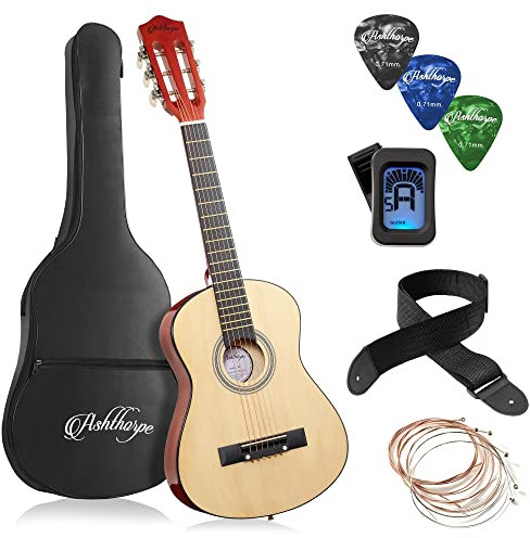 Ashthorpe Akustikgitarre für Anfänger, 76,2 cm, Naturfarben, Basis-Starter-Set mit Gigbag, Saiten, Gurt, Stimmgerät, Plektren