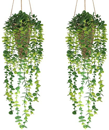 Nisoger Fake Hanging Plant with Woven Basket, 2 Pack Artificial Hanging Plants, Faux Vines Eucalyptus Leaf Hanging Pot Plant for Wall Home Room Indoor Outdoor Bedroom Bathroom Office Decor