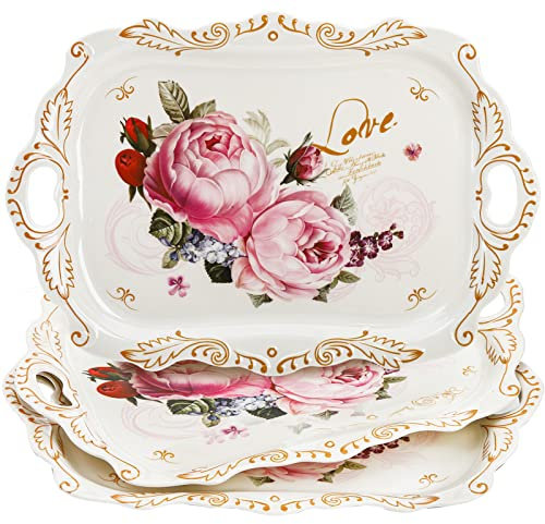 DEAYOU 3-Pack Melamine Serving Tray, Stackable Food Tray with Handles for Eating, Unbreakable Large Serving Platter with Floral Print for Gift, Party, Decor, Home, Restaurant, 16L x 11W, Rectangle