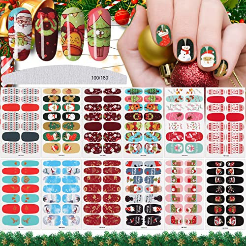 EBANKU Christmas Nail Stickers & Wraps: 12 Sheets of Full Nail Designs with Santa Claus, Penguins, Snowflakes & Nail Files for Women or Girls