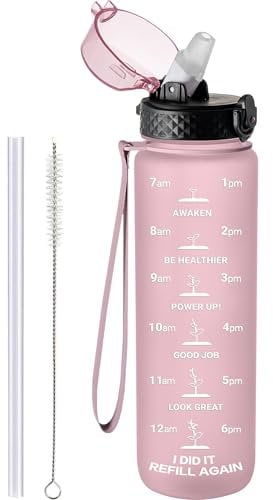 GOPPUS 1000ML/32OZ Tritan Water Bottle with Straw 1 Litre Leakproof Drink Bottle with Measurements Sport Bottles with Lockable Flip Top Motivational Bottles with Time Marks for School, Adults, Cycling