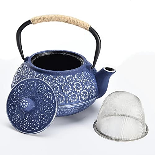 Webao Tetera de hierro fundido con filtro de acero inoxidable, 1000 ml, tetera para té suelto, flor de cerezo, color azul