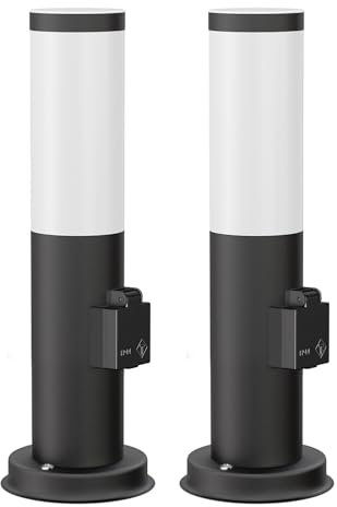ledscom.de 2 Stück Pollerleuchte PORU mit Steckdose für außen, schwarz, rund, 38,5cm, inkl. E27 Lampe, 471lm, extra-warmweiß