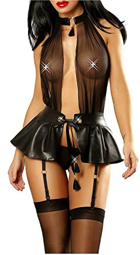 ROSVAJFY Damen Sexy Rückenfreies Leder Minikleid Dessous Sheer Mesh Babydoll Glänzend Lederrock Patchwork Kleid Tiefer V Nachthemd Cosplay Clubwear mit Quaste 4 Clips für Strümpfe Schwarz, Schwarz ,