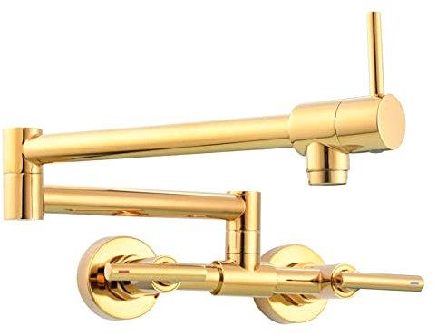 Tecmolog Rubinetti per Lavelli da Cucina Pieghevole Ottone 2 Foro Miscelatore Lavabo Cucina da Muro, Titanio Oro, BJ1243