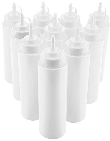 CHEOTIME 10 Pack 24 Oz Plastic Squeeze Bottles, Squirt Condiment Bottles with Cap Lid Precison Dispensing Tip for Oil Ketchup Mustard BBQ Sauce Syrup(White)