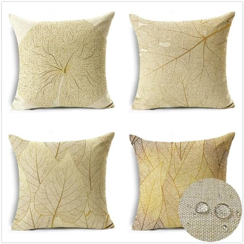 Wasserdichte Kissenbezugen, Pflanzenblätter Kissenhülle Atmungsaktiv Platz Leinen Kissen Fall Gelb Sommer Sofakissen für Outdoor Terrasse Patio Garten Bauernhaus Zierkissen, 4er Set 65x65cm Q-7921