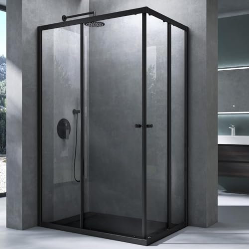 Mai & Mai Box Doccia 140x80x190cm, Box Doccia a Soffietto Cabina Bagno in Cristallo Trasparente con Porte Scorrevoli Box Cabina Doccia Ravenna16K Plus, Nero