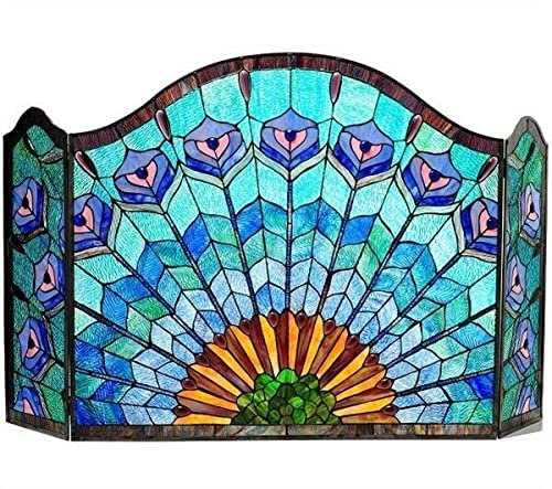 Kaminschutzgitter, Glas, Pfauenfeder, 3 Stück, zusammenklappbar, 121,9 cm, Kaminschutz, Flache Kaminschutzgitter, dekorativ