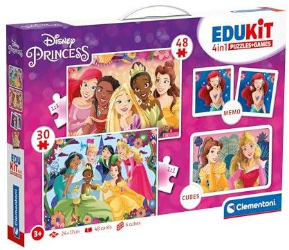 Clementoni Educational Game Edukit 4 in 1 Disney Princess (Jigsaw Children Puzzle 30 Pieces and 48 Pieces, 6 Cubes, 1 Memo), Game For Children 3-5 Years, Gift For Boy/Girl, Made In Italy, 18297