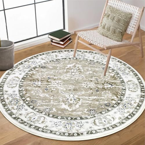 Enyhom Retro Runder Teppich, 120cm Rutschfester Mandala Wohnzimmerteppich, Hochwertiger Waschbar Bedruckt, Extra Weicher Flauschiger Kreis für Schlafzimmer Esszimmer Studie, Braun