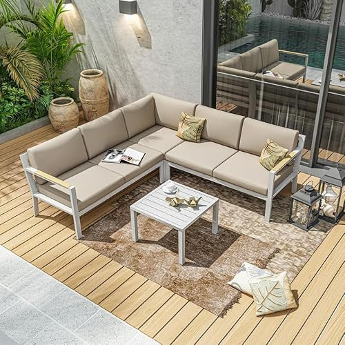 Avril Paris Ensemble Salon de Jardin d'angle Modulable 5 Places en Aluminium Blanc - Canapé d'Extérieur Design - Coussins Rembourrés Déhoussables Beige - 1 Table Basse en Aluminium – PASSY