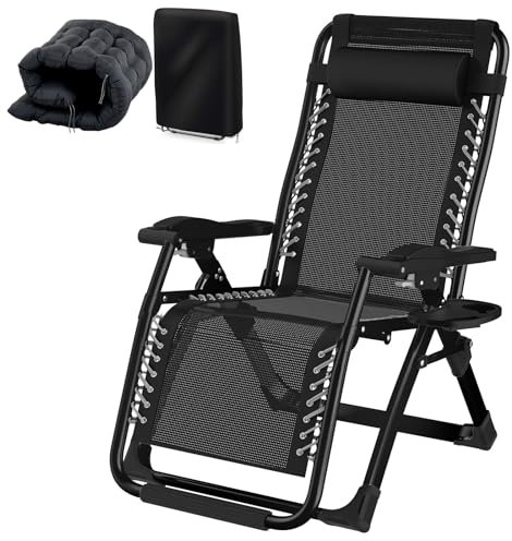 Fiutazge Sdraio da Giardino Schienale Regolabile,Sdraio Pieghevole con Imbottita,Poggiatesta,Supporto per Bevande,Lettino da Spiaggia Pieghevole per Patio,Giardino,Spiaggia,Piscina,Nero