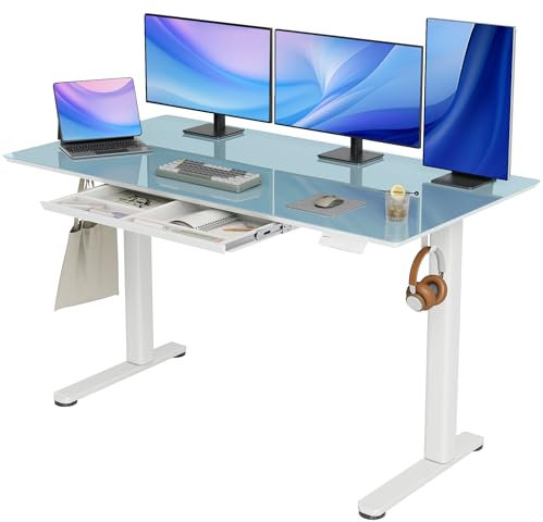 INNOVAR Glas Elektrischer Höhenverstellbarer Schreibtisch mit Schublade,140 x 60 cm Höhenverstellbarer Schreibtisch, Elektrischer Schreibtisch für Home Office,Standing Desk, Morandi Blau