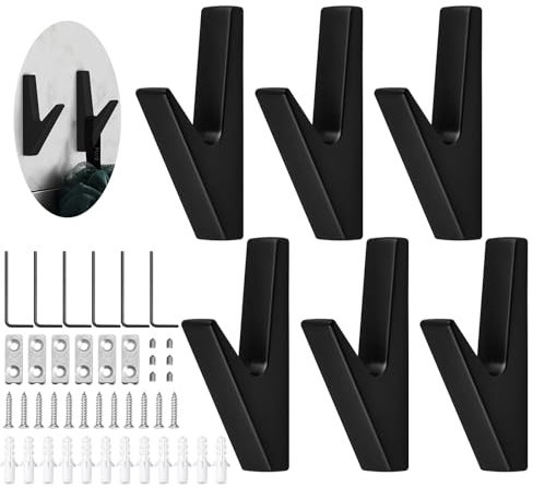 JINTANG Coat Hooks Black Matt, 6 Pieces Coat Hooks Acoustic Panels Black, Wall Hooks Acoustic Panels Coat Rack for Kitchens, Bathrooms, Foyers and Hallways