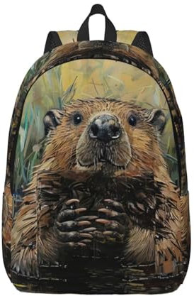 Vielseitiger trendiger Canvas-Rucksack mit Biber-Druck, für Arbeit, trendig, Reisen, Freizeit, für Männer und Frauen, Schwarz, S