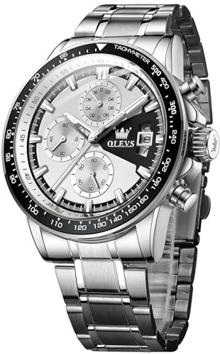 OLEVS Herrenuhren Business Kleid Quarz Multifunktions Chronograph Weißes Zifferblatt Edelstahl Kalender wasserdichte leuchtende Uhren Männe