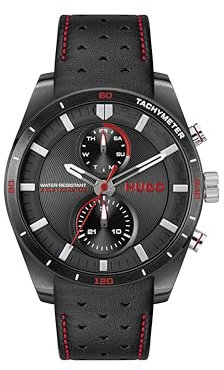 HUGO Montre Analogique Multifunction à Quartz pour Homme Collection #Fast avec Bracelet en Cuir Noir - 1530370