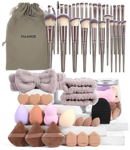 MAANGE Lot de 51 pinceaux de maquillage multifonctions pour fond de teint, poudre, blush, anti-cernes, fard à paupières (champagne)