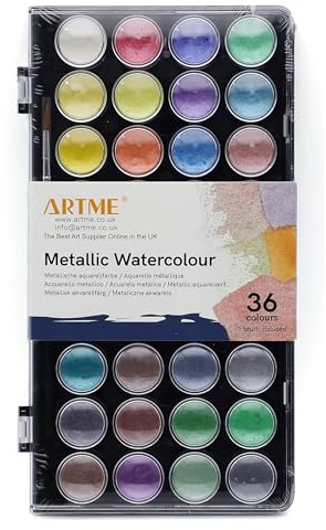 Artme Palette de peinture aquarelle métallique avec pinceau d'artiste – 36 couleurs vives