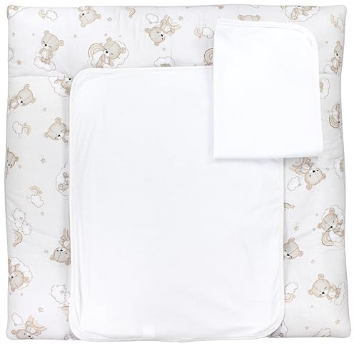 TupTam Wickelauflage mit 2 wasserfesten Frotteebezügen – weich gepolstert & hautfreundlich MAR02579, Farbe: Bären Wolken Regenbogen/Beige, Größe: 75 x 80 cm
