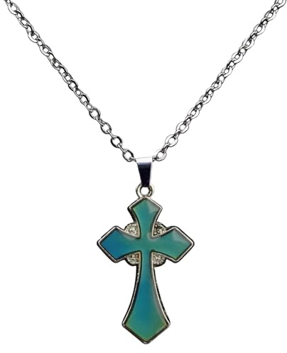Stimmungsring Halskette mit Kreuz-Anhänger Temperatur-sensitiv Farbwechsel Design&Medaillon zum Öffnen mit Bild | Hypoallergener Edelstahl Schmuck für Mädchen&Frauen Persönliches Geschenk (1 Stück) ﻿