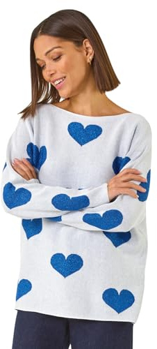 Roman Originals Shimmer Heart Knit Jumper for Women UK - Ladies Everyday Autumn Winter Round Neckline Comfy Soft Evening Vacation Work Party Night Out